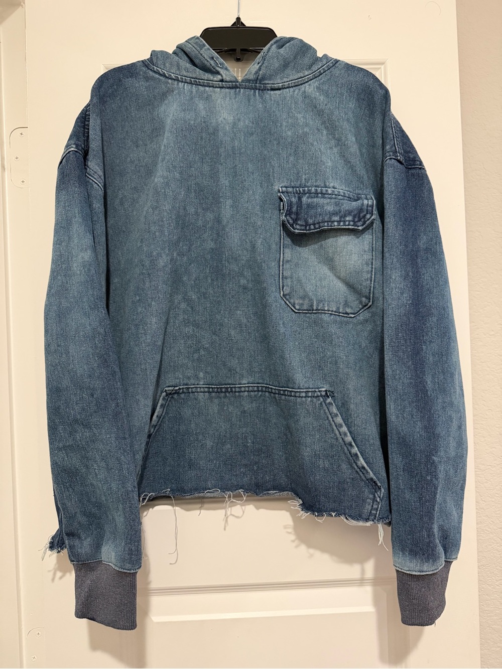Giovanco XL Vintage Inspired Denim Hoodie Distressed Raw Hem Pullover
